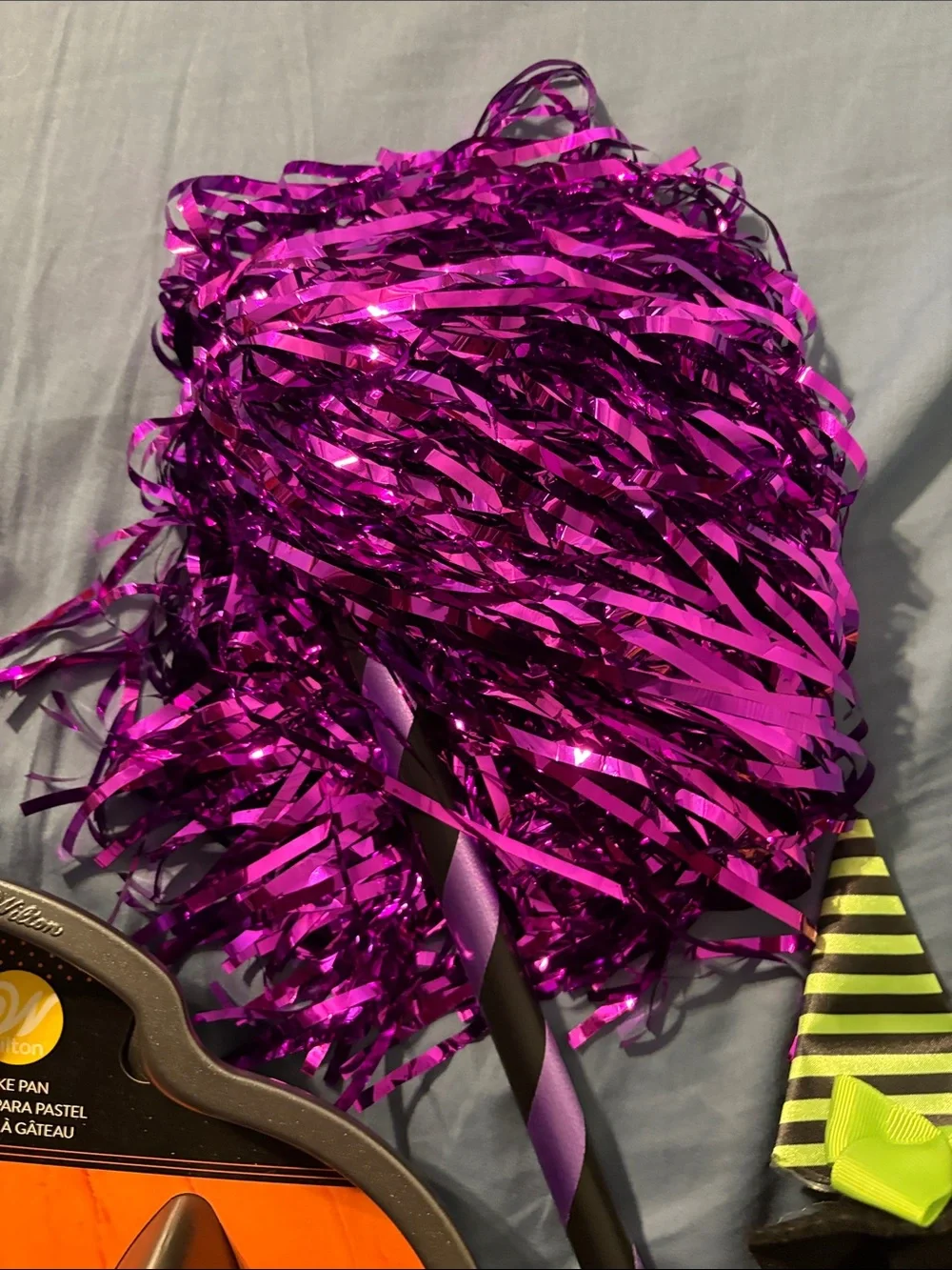 Halloween Pumpkin Cake Pan, witch head band, bowls, purple shaker on stick